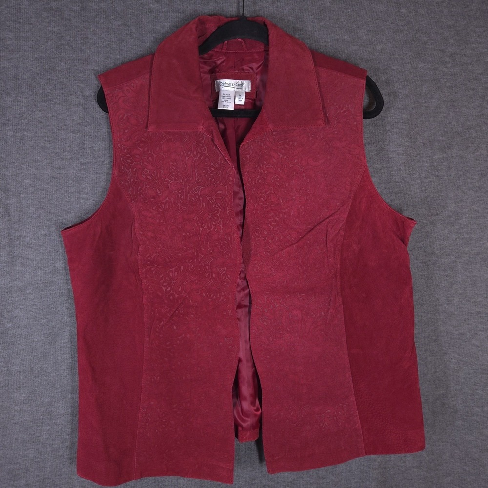Coldwater Creek Leather Vest Womens 1X Red Embossed Paisley Y2K Western‎ Boho